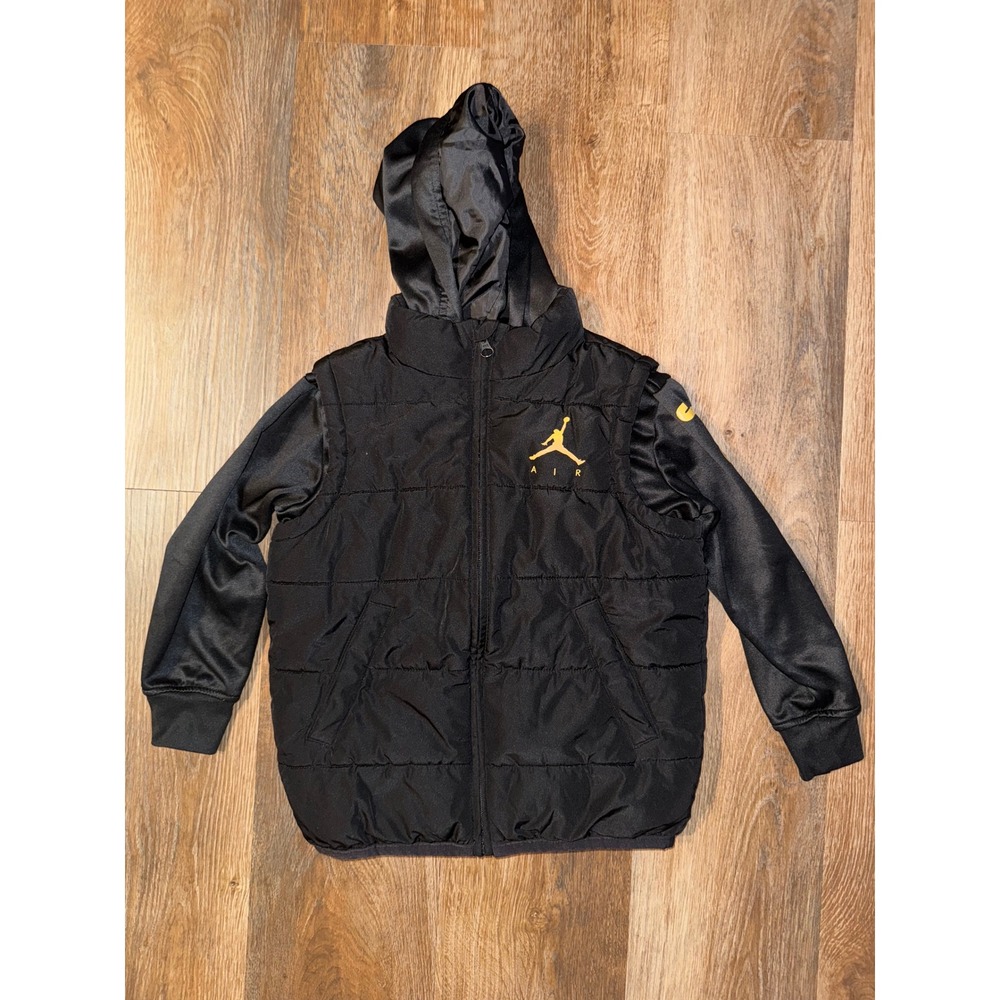 Kids Jordan Black Puffer Vest‎ with Satin Sleeves Hooded Jacket Size 4-5